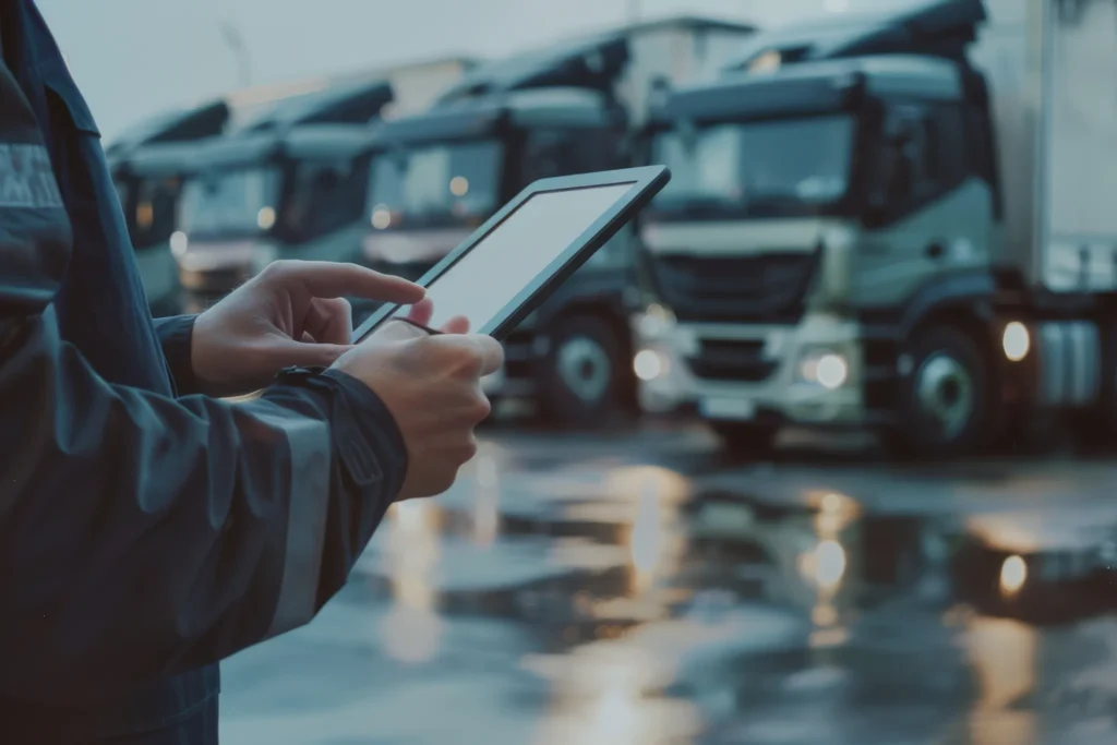 man holding a tablet using the treadtracker app to manage their fleet